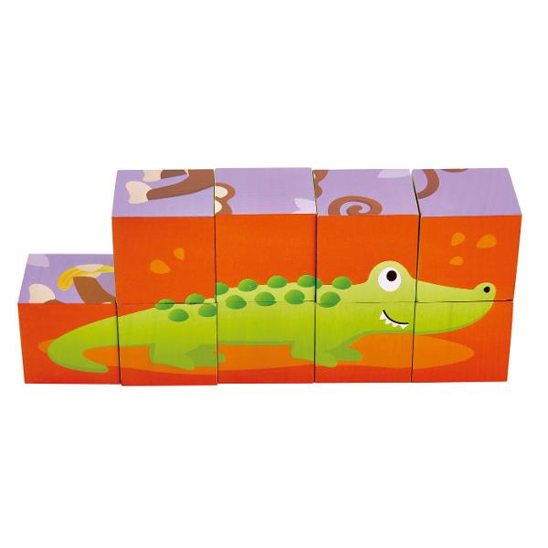 Set de puzzle cu bloc din lemn din noua piese Poate fi folosit pentru a crea 6 imagini de animale diferite Jungla este plina de animale neastamparate Completati diferitele parti ale acestui puzzle pentru a vedea leul elefantul girafa zebra crocodilul si maimuta curioasa Combina sase puzzle-uri intr-un singur set de blocuri Puneti cele noua piese ale puzzle-ului impreuna pe podea pentru a completa imaginea leului Acum incepeti din nou sa creati elefantul girafa zebra si crocodilul si 