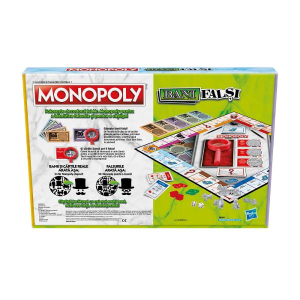 Jocul Monopoly Crooked Cash  Bani Falsi  prezinta un joc clasic Monopoly cu o intorsatura Mr Monopoly Decoder ii ajuta pe jucatori sa gaseasca falsuri Include decodor atunci cand un jucator plateste pentru ceva adversarii pot folosi decodorul pentru a vedea daca au folosit bani falsi Va dezvalui tipare ascunse pentru a determina daca este real Daca este fals puteti pastra banii Carduri de oportunitate fii atent Cardurile pot fi si ele false Un jucator a folosit o carte de 
