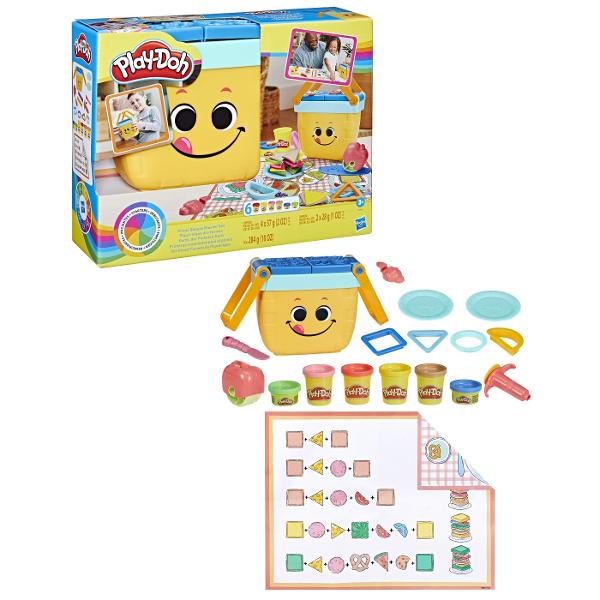 Ploaie sau soare setul de inceput Picnic Shapes este un set de picnic perfect pentru copii pentru oricand Vine cu 12 instrumente de pornire 6 culori Play-Doh si un cos de picnic de jucarie care depoziteaza instrumentele Pe masura ce copiii exploreaza forme de baza cum ar fi patrate cercuri si triunghiuri isi pot folosi imaginatia si pot stivui acele forme in sandvisuri Play-Doh Fie ca este primul lor set de start Play-Doh sau un cadou pentru copiii de 3 ani in sus lasa-i sa descopere 