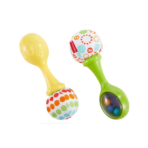 Maracasurile Fisher-Price Rattle &39n Rock au dimensiunea potrivita pentru ca mainile mici sa le apuce si sa le agite Aceste jucarii zornaitoare vor face bebelusul sa se legane in ritm emis de ele in cel mai scurt timp Cu margele colorate si pompoane moi Sunetele distractive angajeaza simturile auditive ale bebelusului tau Ajuta la intarirea abilitatilor motorii grosiere pentru copiii cu varsta de 3 luni si peste
