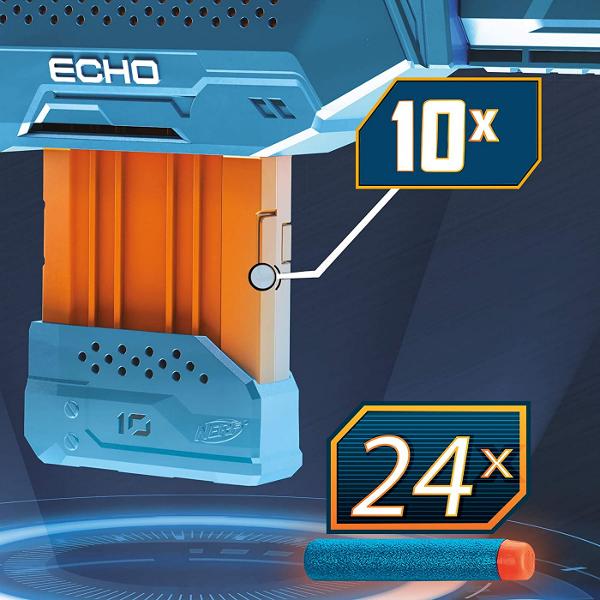 Echipeaza-te pentru lupta cu blasterele Nerf Elite 20 cu optiuni de personalizare incorporate astfel incat sa le poti imbunatati si sa le pui la bataie in competitiile Nerf Creeaza-ti o colectie de blastere Elite 20 pentru a-ti optimiza strategia tactica si flexibilitatea in fiecare misiune si in fiecare lupta Blasterul Nerf Elite 20 Echo CS-10 include un pat si o extensie pentru teava demontabile astfel incat sa iti poti personaliza blasterul in mai multe feluri Foloseste cele 4 sine 