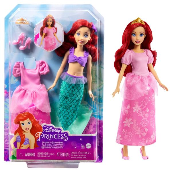 Inspirata de filmul clasic Disney Mica Sirena aceasta papusa Ariel cu spirit liber traieste sub mare dar tanjeste sa se alature lumii umane Fanilor le va placea sa-si recreeze transformarea magica cu aceasta papusa Mermaid to Princess Ariel Ariel vine cu cele doua infatisari ale ei o coada de sirena pentru apa si o rochie roz stralucitoare pentru uscat Papusa nu poate sta singura Culorile si decoratiunile pot varia