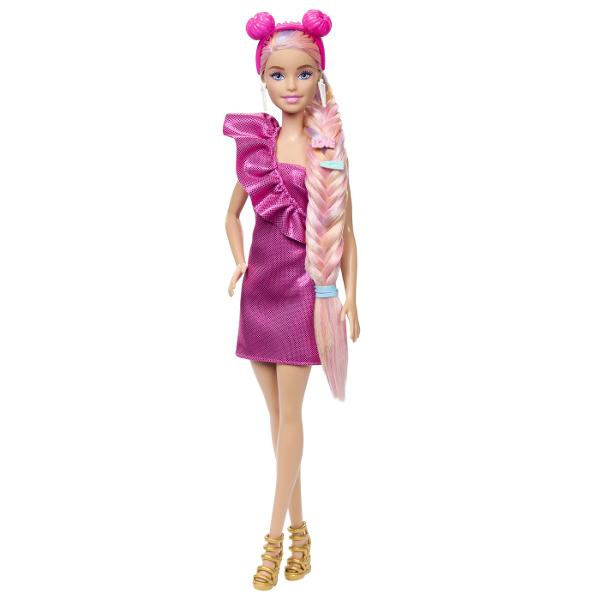 Dedicata tuturor lucrurilor legate de par colectia Barbie Fun &amp Fancy Hair prezinta papusi glam cu coafuri colorate &Icircn plus cele 10 piese de moda si styling incluse permit personalizarea fara sfarsit Papusa Barbie&reg are 21 cm de par blond foarte lung care poate fi aranjat cu note fantastice de culoare Ea poarta o minirochie roz lucios cu cercei albi si pantofi aurii cu bretele Copiii isi pot transforma cu usurinta aspectul cu moda mix-and-match Vine cu o rochie 