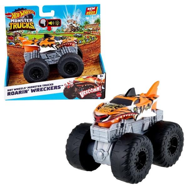 Aceasta colectie de camioane Hot Wheels Monster Trucks Roarin&39 Wreckers asigura toata actiunea de lovire si busire cu plusul de lumini si sunete pentru a imbunatati experienta Fiecare camioneta este la scara 143 si include grafica uimitoare si rotile gigantice ale marcii Hot Wheels Monster Trucks Apasati un buton pentru a auzi sunete de motor si de zdrobire precum si tema muzicala a vehiculului erou este ca si cum ati fi la spectacolul real Fiecare Monster Truck se aprinde prin 