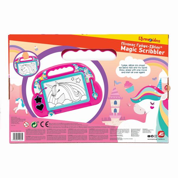 Deseneaza nenumarate desene oriunde te-ai afla cu Magic Scribbler Fantasy Dreams O panza o radiera magica un pix magnetic cu sfoara pentru a nu se pierde si doua stampile ii ofera copilului posibilitatea de a scrie si sterge de nenumarate ori Asadar distractia nu are limite Deseneaza unicornii visurilor tale si fa-i si mai impresionanti folosind stampilele Deseneaza-sterge cu o singura miscare si ia-o de la capat Ideal ca si cadou deoarece ajuta la dezvoltarea imaginatiei si a 