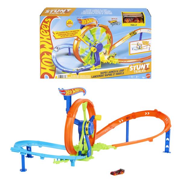 Noul Rapid Launch &amp Loop Track - Hot Wheels&reg Rapid Launch &amp Loop a sosit Activeaza mecanismul inovator al rotii si elibereaza masinile Hot Wheels pentru a efectua cascadorii a concura si a se ciocni in mod repetat in acest set de joaca salbatic Masina de jucarie inclusa este la scara 164 si se joaca pe pista Mecanismul de lansare o propulseaza automat prin bucla in jurul unei curbe printr-o zona de impact si apoi inapoi la start pentru a repeta