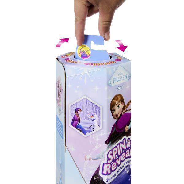 Inspirata de personajul animat din Disney Frozen papusa Spin &amp Reveal Anna dezvaluie surprize cu fiecare rasucire magica Distractia incepe cand copiii deschid clapeta si descopera o scena de joaca inspirata de Anna cu siluete misterioase Urmatorii copii invart pachetul dezvaluind o punga misterioasa la fiecare tura5 in total Gentile detin 10 surprize inclusiv accesorii de moda si autocolante Dezvaluirea finala este o papusa frumoasa Anna cu par moale intr-un updo distractiv o 