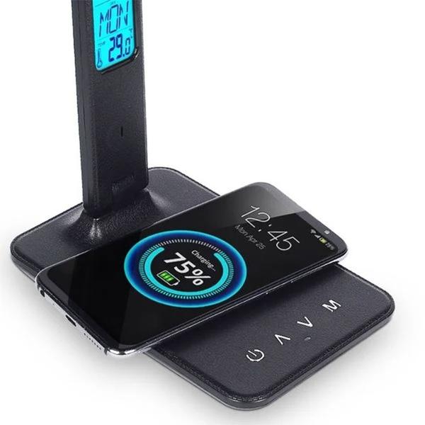 Lampa cu led de birou incarcator wireless 10W  LexiumIncarcare wireless QIIncarcare USBIncarcator inclusControl tactil3 temperature de culoare5 trepte de luminozitate40-420 lumenTensiune intrare DC 5V 5W Incarcare wireless DC 12V 10W Incarcare wirelessLuminozitate 40-420 LmTemperaturi de culoare 3000K-4500K-6000KMaterial ABSPSAfisare ora data si temperatureCeas desteptatorTensiune 