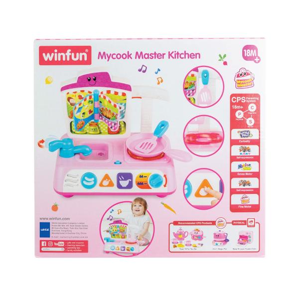 Transforma joaca intr-o adevarata experienta culinara cu bucataria de la Winfun Micutul tau poate deveni propriul bucatar explorand o lume plina de distractie cu accesorii precum cartea de retete si ustensilele incluse Butonul de temperatura activeaza o lumina intermitenta oferind un efect realist care stimuleaza imaginatia Cele trei butoane interactive ajuta la invatarea formelor si tipurilor de alimente in timp ce robinetul de apa reda sunete autentice pentru o experienta captivanta 
