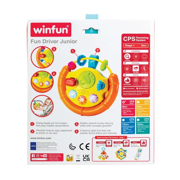 Volanul cu activitati de la Winfun este jucaria ideala pentru micii aventurieri Cu un design viu colorat si robust acest volan este usor de prins si manevrat avand un schimbator de viteze mobil care simuleaza experienta reala de condus Cele trei lumini intermitente se sincronizeaza cu efectele sonore si melodiile vesele captivand atentia copilului Inelele glisante si butonul de claxon care reda sunete autentice stimuleaza jocul interactiv si dezvoltarea abilitatilor motorii fine Volanul 