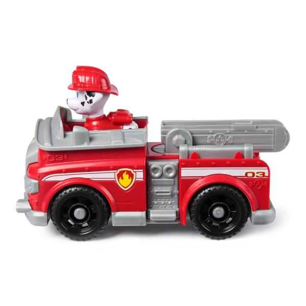 Vehiculele de baza cu functii de actiune mobile individuale si o figurina la bord permit aventurilor din serialul TV Paw Patrol sa traiasca si in camera copiilor Este inclusa o singura figura cu un vehicul Vehiculul si figurina de jucarie sunt in mare parte fabricate din plastic reciclat Chase Skye Marshall Rubble Zuma Everest Tracker si Rocky cu vehiculele lor sunt disponibile individual Toate vehiculele de baza durabilevehiculele de baza includ o figurina de caine care poate fi 