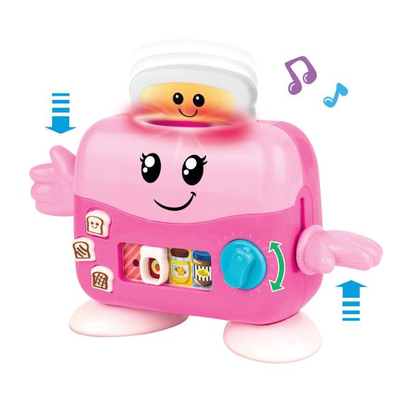 Transforma joaca intr-o experienta distractiva si interactiva cu jucaria toaster de la Winfun Micutul tau poate pregati &bdquopaine prajita&rdquo prin simpla apasare a painii in toaster si apasarea butonului care o face sa sara afara Cu butoane pentru a alege gradul de rumenire copiii pot decide intre paine usor sau bine prajita iar cele trei toppinguri preferate  gem miere si unt de arahide  adauga un plus de creativitate in joaca Toasterul include un buton temporizator cu lumina 