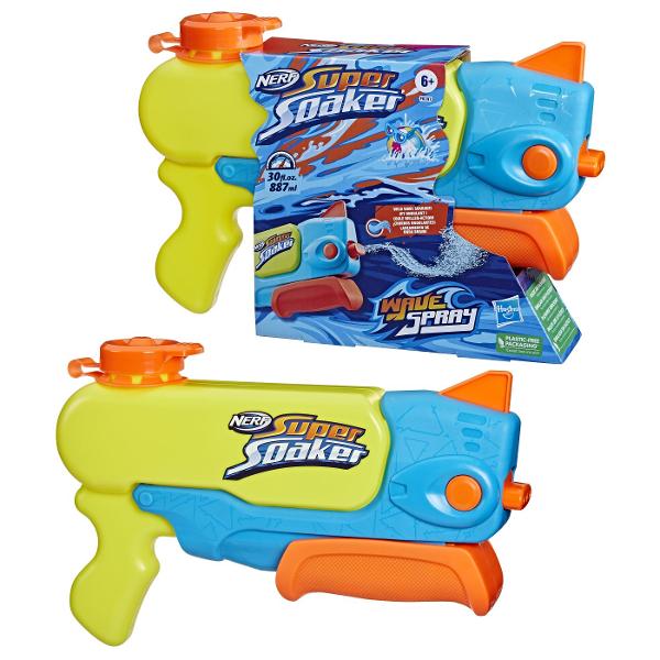 Valuri de apa Blasterul de apa Nerf Super Soaker Wave Spray dezlantuie un val de apa care urca si coboara intr-o miscare ondulata si racoroasa Duza se misca pe masura ce pompezi blasterul creand un val uluitor care uda pe toata lumea in jocuri distractive in aer liber Iesi la distractie in curte cu blasterul cu apa Nerf Super Soaker Wave Spray Este un cadou grozav pentru baietii si fetele de 6 ani si creeaza valuri de distractie pentru adolescenti si adulti Usor de folosit Umple 