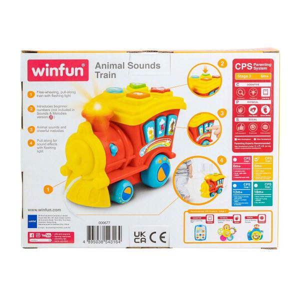 Trenuletul cu sunete de la Winfun ofera ore intregi de distractie si invatare Aceasta jucarie poate fi trasa de copii activand lumini intermitente si efecte sonore amuzante Prin apasarea butoanelor numerotate de la 1 la 4 si a celor cu animale copilul va invata sa identifice cifre si sa recunoasca sunetele specifice animalelor Melodiile vesele si efectele sonore stimuleaza auzul si curiozitatea iar designul viu colorat atrage atentia micutului tau Ideal pentru dezvoltarea abilitatilor 