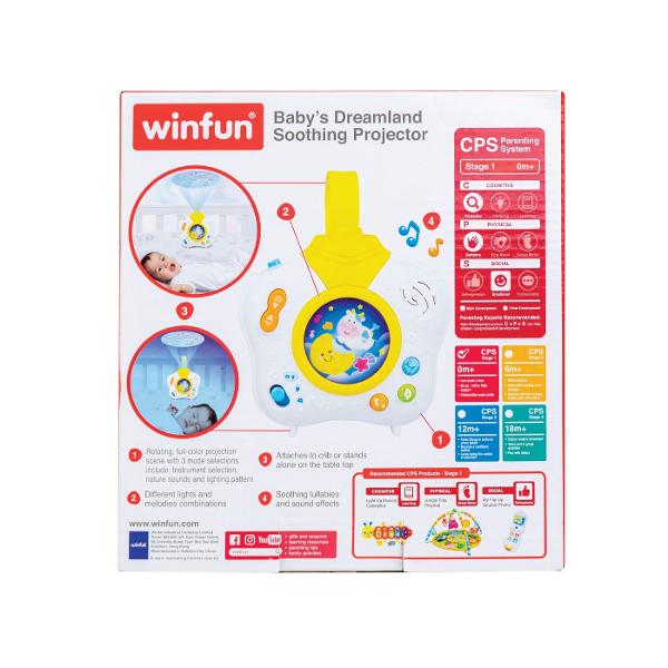 Proiectorul Winfun transforma camera copilului intr-un loc magic plin de culoare si sunete relaxante Acesta proiecteaza o scena colorata rotativa si ofera trei moduri de selectie animatii sunete din natura si modele de iluminare Fiecare mod aduce o combinatie diferita de lumini si melodii creand o atmosfera calmanta pentru micutul tau Cu melodii de leagan linistitoare si efecte sonore proiectorul ajuta la relaxarea celor mici inainte de somn De asemenea ofera trei optiuni de setare 