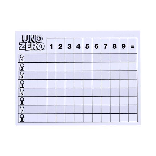 Jucatorii care iubesc jocul de carti UNO vor adora UNO Zero si rasturnarea sa captivanta Scopul este sa obtii cel mai mic scor posibil tintind catre zero absolut In loc sa tina cartile in mana jucatorii incep jocul creand o grila 2x3 cu carti intoarse  apoi schimba carti de valoare mare cu carti de valoare mica pentru a-si pacali adversarii si a obtine scoruri mici Cat de jos pot ajunge Cartile de actiune pot schimba cursul jocului precum Reverse si Skip Pentru 2 pana la 8 jucatori cu 