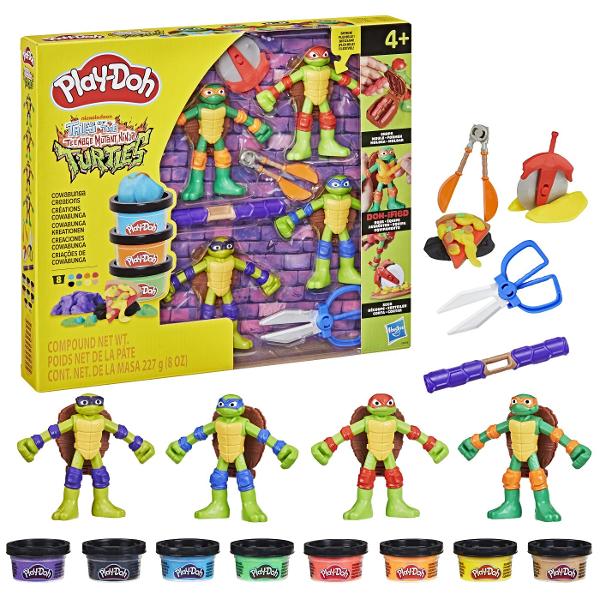 Testoasele mutante puternice si indragite din lume se unesc pentru aventuri imaginative cu setul Play-Doh Cowabunga Creations Aceasta colectie de figurine de actiune Testoasele Ninja prezinta o nota creativa cu unelte si accesorii moi de modelat Exista o multime de moduri de a crea si de a te juca prefacandu-te cu jucariile Testoasele Ninja Rafael Donatello Michelangelo si Leonardo Fiecare figurina de 10 cm are brate si picioare flexibile si o matrita ascunsa in carapacea testoasei pentru 