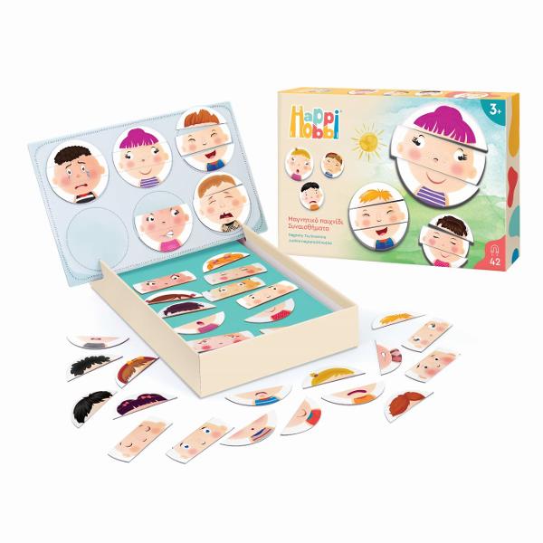 Un joc educativ de invatare emotionala cu 42 de magneti de hartie Setul ii familiarizeaza pe copii cu invatarea emotionala ajutandu-i sa recunoasca mai intai diferitele expresii faciale si apoi cu ajutorul ghidului ilustrat sa invete cum se reflecta emotiile umane in expresiile lor Fiecare magnet descrie trasaturi diferite pentru a reflecta expresii si emotii variate Cum arata cineva cand este fericit trist sau suparat Cum se manifesta sentimentele de gelozie rusine iubire sau 