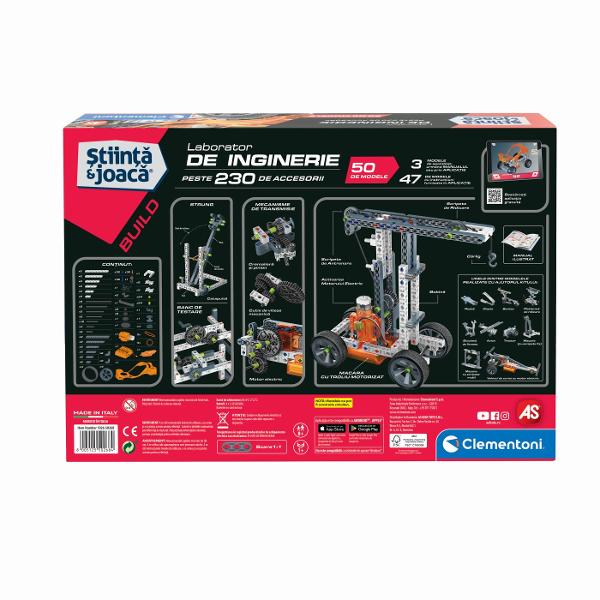 LABORATOR DE INGINERIE Descopera lumea fascinanta a mecanicii si ingineriei cu acest set educativ Stiinta si Joaca Cu peste 230 de accesorii copiii pot construi pana la 50 de modele diferite inclusiv masini motociclete si vehicule uimitoare Setul contine un motor electric functional cutie de viteze cremaliere pini roti axe si multe alte componente care ii vor ajuta pe copii sa inteleaga principiile transmisiilor ale motoarelor si ale angrenajelor Asambleaza modelele si descopera cum 