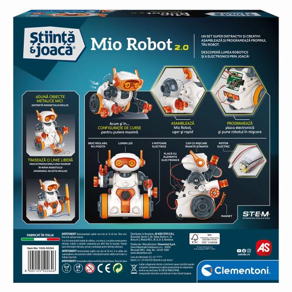 Un robot unic si original pe care il poti asambla singur oferind o multime de moduri de joaca interactive si captivante Datorita celor doi senzori cu infrarosu robotul Mio poate detecta distanta fata de obiecte si evita obstacolele din calea sa Cu ajutorul bratului sau magnetic poate ridica obiecte metalice transformand joaca intr-o experienta educativa si distractiva Foloseste microfonul pentru a-i da comenzi prin batai din palme sau utilizeaza panoul cu butoane de pe spatele robotului 