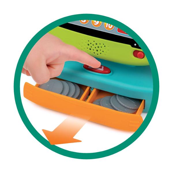 Casa de marcat cvadrilingva cu microfon functional Scaner portabil cu bip-uri realiste Introduceti cardul de credit si scanati articolele pentru fraze distractive Sertat extensibil cu monede de bani virtuali Introduceti monede pentru a numara si a invata Apasati butoanele pentru a invata numele alimentelor culorile si numerele Fraze distractive efecte sonore melodii vesele si fata luminoasa Include cos de cumparaturi alimente de jucarie si card de credit