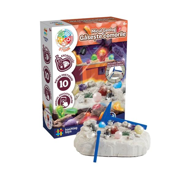Pregateste-te pentru o aventura stralucitoare in lumea pietrelor pretioase cu acest SET MICUL GEOLOG GASESTE COMORILE Cu aceasta jucarie educativa poti explora si excava propriile pietre pretioase Descopera cele 10 pietre pe care le-am pregatit pentru tine si invata cum sa identifici mineralele explorand istoria fascinanta din spatele fiecareia Devino un adevarat expert in pietre pretioase cu acest set