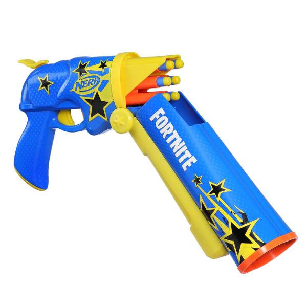 Lansatorul Nerf Fortnite Half Tone Hero este inspirat de echipamentul folosit in Fortnite si vine in ambalajul Half Tone Hero Wrap din popularul joc video Include un cod bonus pentru a debloca Half Tone Hero Wrap in joc Lansatorul Nerf are o teava cu deschidere pentru o modalitate distractiva de a incarca darts Are o capacitate de 6 darts si include 12 darts din spuma Nerf Elite oferindu-ti proiectile suplimentare pentru reincarcare Dispune de o actiune cool de amorsare cu ciocan Cu 