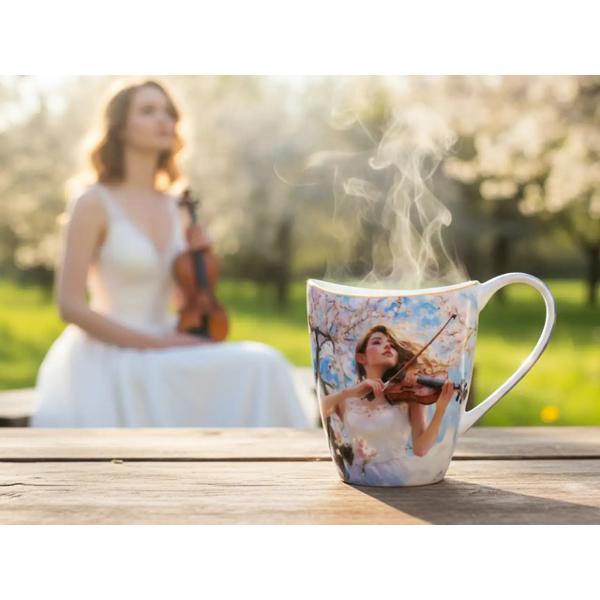 Can&259; elegant&259; din por&539;elan fin cu o capacitate de 350 ml decorat&259; cu un design artistic din colec&539;ia &bdquo;Muzica sufletului feminin&rdquo; semnat&259; de Laura Lozano Ilustra&539;ia delicat&259; surprinde o t&acirc;n&259;r&259; care c&acirc;nt&259; la vioar&259; &icirc;nconjurat&259; de pomi &icirc;nflori&539;i &icirc;ntr-un cadru poetic ce &icirc;mbin&259; armonios natura cu sensibilitatea muziciip 