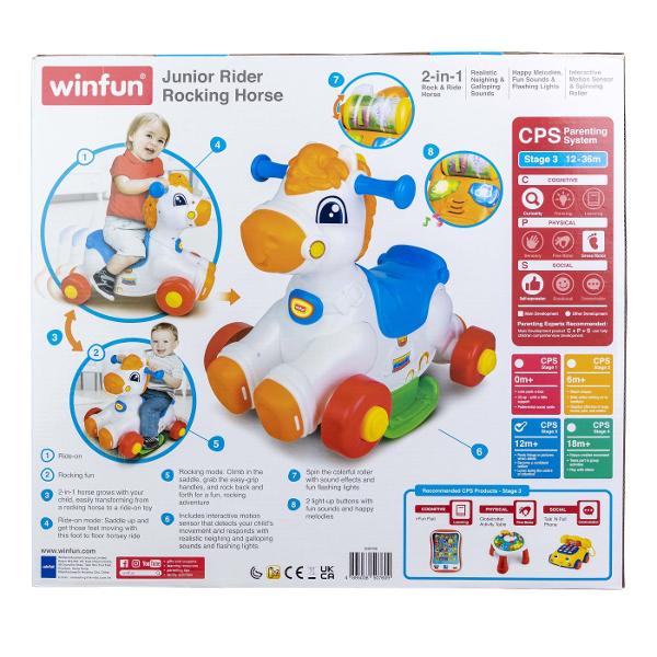 Winfun Balansoar Calut 2 in 1 este o jucarie interactiva conceputa pentru copii cu varsta intre 12 si 36 luni care combina functia de balansoar cu cea de ride-on pentru distractie si dezvoltare activa Designul prietenos in forma de calut cu culori vii si detalii atractive capteaza imediat atentia celor mici Jucaria poate fi folosita in doua moduri ca balansoar pentru miscare lina si relaxanta sau ca vehicul cu roti pentru deplasare oferind versatilitate si adaptare pe masura ce copilul 