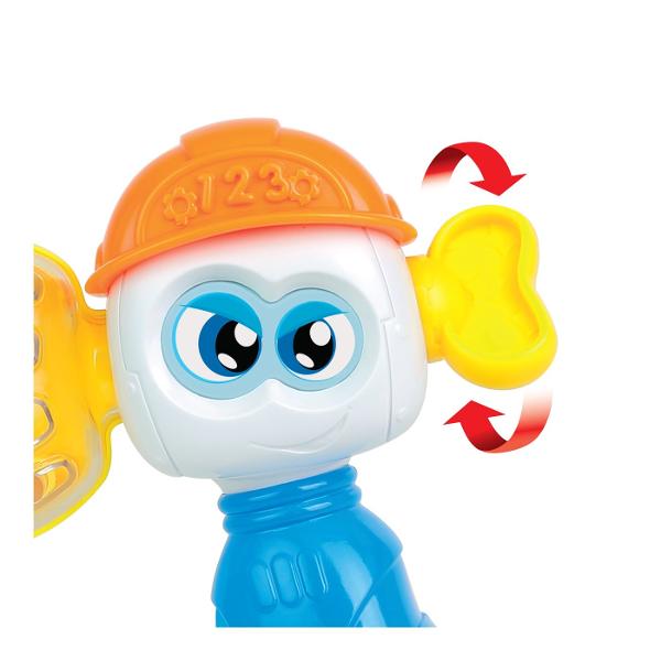 Winfun SET DE SCULE PENTRU MICUL CONSTRUCTOR este o jucarie interactiva conceputa pentru copiii de la 6 luni ideala pentru dezvoltarea abilitatilor motorii si a coordonarii Setul include unelte de jucarie colorate precum o bormasina interactiva si un ciocan special create pentru mainile mici ale copiilor usor de prins si de utilizare Bormasina este prevazuta cu butoane care activeaza sunete melodii vesele si efecte luminoase stimuland auzul si atentia copilului Functiile interactive 