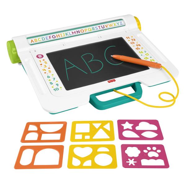 Biroul De Invatare Fisher-Price este conceput pentru a incuraja invatarea si creativitatea copiilor prin activitati interactive si distractive Suprafata de scriere tip LCD permite desenarea si exersarea scrisului fara murdarie folosind stiloul special inclus Panourile colorate si rotita interactiva ofera activitati de invatare cu forme imagini si secvente simple care stimuleaza gandirea logica si recunoasterea vizuala Setul include si sabloane pentru forme incurajand copiii sa exploreze 
