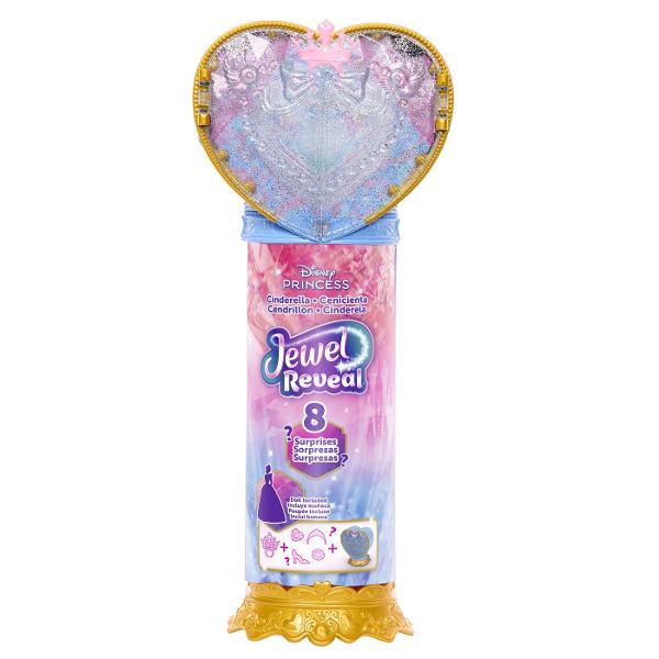 Setul Disney Princess Jewel Reveal aduce magia povestilor Disney intr-o experienta plina de surprize Ambalat intr-o cutie eleganta in forma de inima stralucitoare setul ascunde in interior o papusa Cenusareasa inspirata din universul Printeselor Disney si multiple accesorii surpriza Copiii pot deschide compartimentele pentru a descoperi treptat elementele incluse precum accesorii de moda si detalii inspirate din poveste Designul sclipitor si mecanismul de deschidere a transformarii 