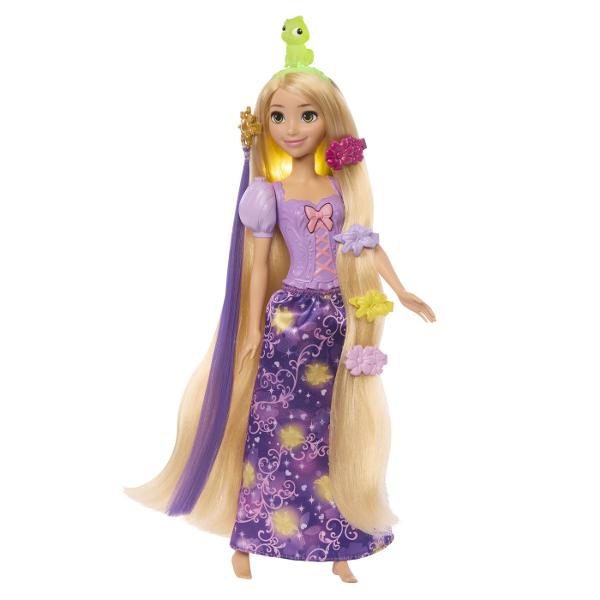 Papusa Disney Princess Setul Parul Magic Al Lui Rapunzel aduce la viata magia povestii prin parul sau lung si accesorii speciale de styling Rapunzel poarta o rochie eleganta in nuante de mov decorata cu motive inspirate din povestea sa iar parul lung si blond poate fi pieptanat si aranjat in multe stiluri Setul include mai multe accesorii tematice precum agrafe colorate si o perie care permit copiilor sa creeze coafuri diferite si sa personalizeze look-ul printesei Detaliile inspirate din 