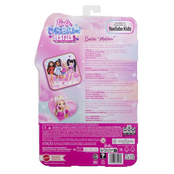 Papusa Barbie Dream Besties Malibu aduce stil prietenie si creativitate in jocul copiilor Inspirata din universul Barbie Dream Besties aceasta papusa are un look modern si plin de culoare perfect pentru a recrea aventuri si povesti alaturi de prietenele ei Papusa poarta sau rochie roz cu detalii adorabile si are parul blond lung coafat in stil modern Setul include mai multe accesorii tematice care completeaza povestea si incurajeaza jocul de rol precum un animalut de companie si obiecte 