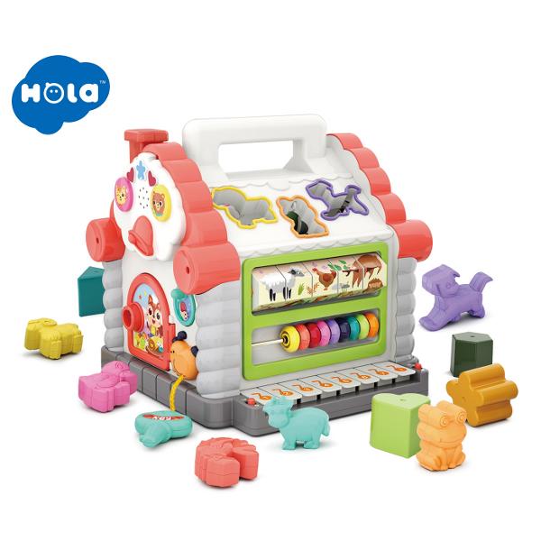 Copilul dumneavoastra poate sa se joace si sa invete alaturi de casuta cu forme lumini si sunete de la HolaToys Acesta va oferi copilului dumneavoastra momente pline de distractie si veselie iar dumneavoastra privindu-l zambete nemasurabile Fiecare din fetele jucariei contine activitati diferite menite sa dezvolte perceptia vizuala si auditiva si coordonarea dintre maini si ochi a copilului dumneavoastra Copilul poate umple casuta cu diversele forme sa o goleasca si sa inceapa din nou 