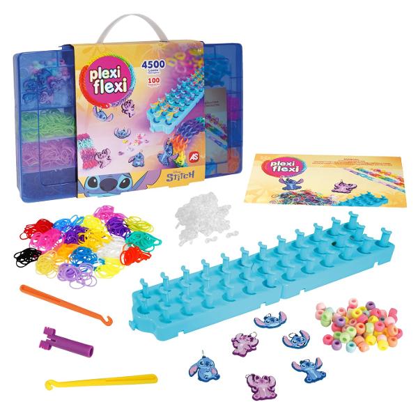 Set creativ Plexi Flexi Stitch ideal pentru copii pasionati de activitati handmade si accesorii colorate Acest kit complet include o cutie mare cu 4500 de elasticuri multicolore 100 de accesorii decorative si un razboi de tesut oferind tot ce este necesar pentru realizarea unor bratari inele si alte creatii unice inspirate de persoana preferata Stitch Copiii isi pot dezvolta creativitatea si indemanarea combinand culorile si accesorii pentru a crea modele variate si originale Setul 