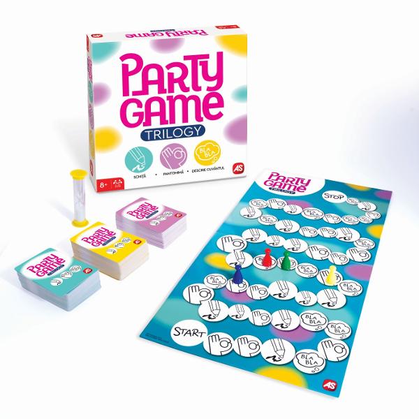 Party Game Trilogy este un joc de societate dinamica si distractiv care aduce impreuna trei jocuri clasice intr-unul singur oferind experienta variata si pline de energie pentru intreaga familie sau grupuri de prieteni Trilogia jocurilor de societate combina trei dintre cele mai indragite tipuri de joc desen sketching mima charades si descriere guess the word punand la incercare creativitatea imaginatia si spiritul echipamentului participantilor Jucatorii trebuie sa deseneze sa 