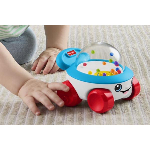 Masinuta Fisher-Price este o jucarie interactiva special conceputa pentru bebelusi care incurajeaza miscarea si explorarea Atunci cand copilul impinge sau moveaza masinita bilele colorate din interior sar si se misca in cupola transparenta creand efecte vizuale si sunete distractive Designul prietenos cu fata zambitoare si culori vii capteaza atentia celor mici si ii incurajeaza sa se joace activ Miscarea bilelor ajuta copilul sa inteleaga relatia cauza-efect stimuland in acelasi timp 