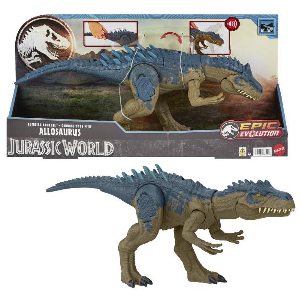 Acest Allosaurus Rampagin&39 nemilos este o evolutie epica a figurinelor Jurassic World Este un dinozaur evoluat si pregatit de aventura Un buton de pe coada ridica in mod spectaculos tepusele de pe spate si coada creand o imagine impresionanta Rotita de pe spatele acestui dinozaur activeaza o miscare continua si realista simbolizand atacuri feroce cu muscaturi si ragete puternice Allosaurus are tepi pe spate si pe coada care cresc in marime si ferocitate atunci cand butonul este 