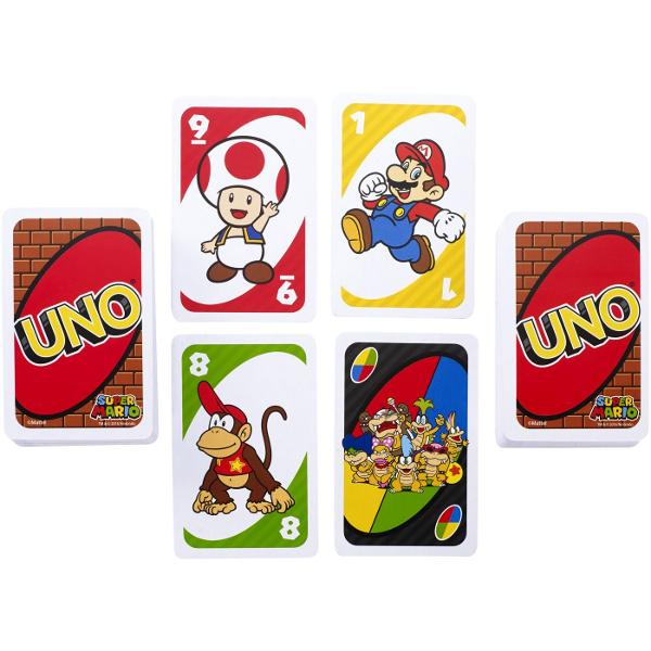 Joc De Carti UNO Super Mario aduce distractia jocului clasic UNO intr-o editie tematica inspirata din universul Super Mario Cartile sunt decorate cu personaje indragite si imagini colorate iar regulile sunt usor de invatat jucatorii potrivesc cartile dupa culoare sau numar si folosesc cartile speciale pentru a schimba cursul jocului Editia include si o regula speciala care adauga mai multa actiune si face fiecare runda mai dinamica Jocul este potrivit pentru seri in familie petreceri 