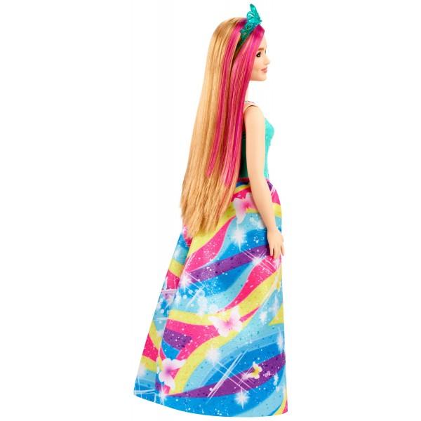 Papusile printesa de la Barbie Dreamtopia aduc visuri de basm in aspect fantastic cu atingeri colorateAceasta papusa printesa Barbie este imbracata pentru o ocazie regala intr-un corset albastru stralucitor si fusta vibranta cu imprimeu curcubeu O dunga roz in parul ei blond adauga un strop de culoare iar o tiara stralucitoare isi completeaza aspectul fantasticEste usor sa joci visuri reale si imaginate cu papusa printesei Barbie deoarece cand intri in Dreamtopia te trezesti intr-o 