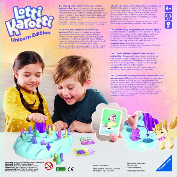 Jocul Unicorn Lotti Karotti O cursa palpitanta a unicornilor catre cristalul magic Care dintre ei va dobandi puteri magice Unicornilor le revine sarcina de a strabate norii pufosi insa pe drum ii asteapta numeroase surprize Din cand in cand cristalul magic se roteste iar pe tabla apar gauri in care pot cadea figurinele jucatorilor Castiga jucatorul care ajunge primul pe varf cu unul dintre unicornii sai Configuratia tablei se schimba la fiecare tura iar mecanica unica a jocului face ca 