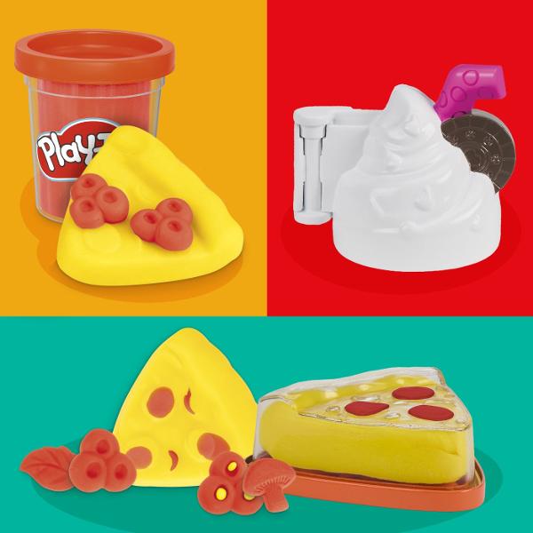 Setul Play-Doh Pizza si Milkshake ii invita pe cei mici sa creeze preparate colorate si amuzante din plastilina Copiii pot modela o felie de pizza pot adauga diferite toppinguri si pot realiza un milkshake decorat dupa propria imaginatie Accesoriile incluse stimuleaza joaca de rol creativitatea si indemanarea oferind multiple posibilitati de combinare si decorare Setul contine plastilina Play-Doh in mai multe culori cu o cantitate totala de aproximativ 113 g si este recomandat copiilor 