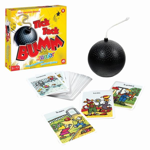 Tick Tack Bumm Junior este editia special conceputa pentru copii a cunoscutului joc Tick Tack Bumm oferind partide rapide pline de suspans rasete si provocari distractive Jocul ii incurajeaza pe cei mici sa gandeasca repede sa isi dezvolte vocabularul si sa faca asocieri intre imagini si obiectele din jurul lor Regulile sunt simple si usor de inteles Activeaza bomba intoarce o carte si priveste imaginea indicata Primul jucator trebuie sa numeasca rapid un obiect care are legatura cu 