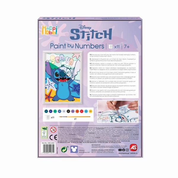 Happi Hobbi Pictura pe Numere Stitch este un set creativ ideal pentru copiii care iubesc activitatile artistice si indragitul personaj Disney Stitch Bazat pe tehnica de colorare dupa numere acest set ii ajuta pe cei mici sa realizeze pas cu pas o imagine frumoasa invatand sa picteze cu atentie rabdare si precizie Fiecare zona a imaginii este marcata cu un numar care corespunde unei anumite culori astfel incat copilul poate colora usor fiecare spatiu urmand indicatiile Aceasta metoda 