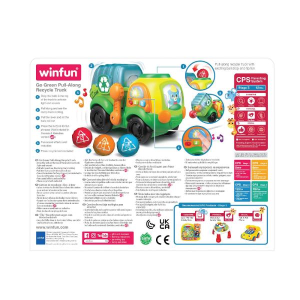 Jucarie De Tras Camion De Reciclare Cu Bile este o jucarie interactiva pentru cei mici conceputa pentru joaca activa si descoperirea relatiei cauza-efect Copilul poate introduce bilele in partea superioara a camionului pentru a activa lumini si sunete In timpul deplasarii camionul se balanseaza iar prin actionarea manetei bilele sunt eliberate si se rostogolesc afara Butoanele interactive redau fraze amuzante iar jocul contribuie la dezvoltarea motricitatii fine coordonarii mana-ochi si 