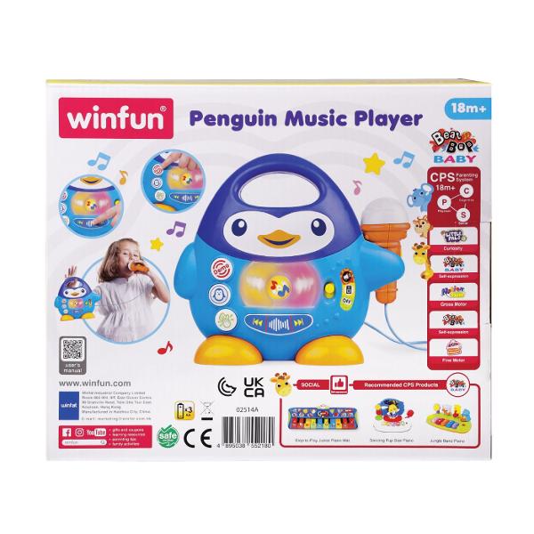 Player Muzical Pinguin este o jucarie muzicala interactiva prevazuta cu microfon functional ideala pentru momente de cantat si joaca Microfonul include un efect amuzant de ecou iar luminile LED clipesc in timpul redarii muzicii Playerul reda melodii vesele si sunete de aplauze iar efectele sonore cu animale pot fi adaugate peste melodii pentru o experienta de joaca mai distractiva Jucaria este prevazuta cu functii pentru trecerea la melodia urmatoare sau revenirea la cea anterioara 