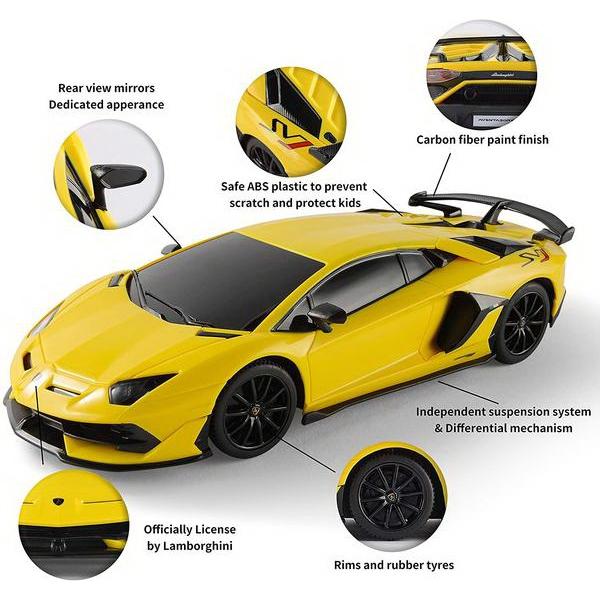 Copilul dumneavoastra se poate juca in voie cu masina cu telecomanda Lamborghini Aventador SVJ scara 1 la 24 oferita de brandul international Rastar Nicio cursa nu este imposibil de castigat cu acesta masinuta replica oficiala cu licenta a modelului original construita cu mare atentie la detalii Masinuta are proportiile ideale pentru momente pline de distractie si amuzament avand dimensiunile in centimetri dupa cum urmeaza  1899252Masinuta functioneaza pe frecventa de 
