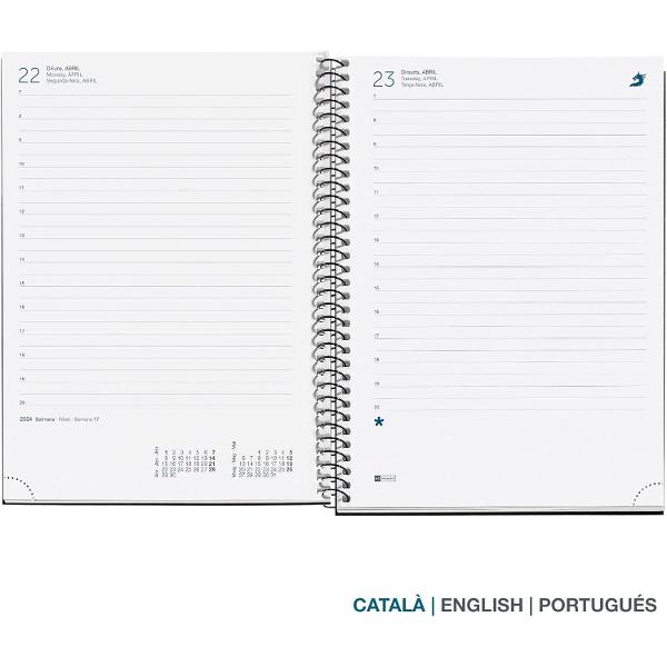 Agenda datata 2024 ianuarie 2024 - decembrie 2024 Dimensiune 155 x 213 mm similar cu A5 Limbile agendei catalan&259; englez&259; &537;i portughez&259;Con&539;ine calendare pe 3 ani calendar bilunar pe fiecare pagin&259; dubl&259; recomand&259;ri date de re&539;inut planificator 