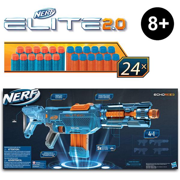 Echipeaza-te pentru lupta cu blasterele Nerf Elite 20 cu optiuni de personalizare incorporate astfel incat sa le poti imbunatati si sa le pui la bataie in competitiile Nerf Creeaza-ti o colectie de blastere Elite 20 pentru a-ti optimiza strategia tactica si flexibilitatea in fiecare misiune si in fiecare lupta Blasterul Nerf Elite 20 Echo CS-10 include un pat si o extensie pentru teava demontabile astfel incat sa iti poti personaliza blasterul in mai multe feluri Foloseste cele 4 sine 